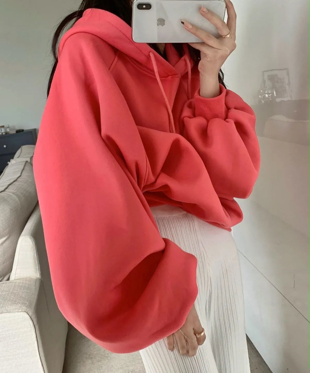 Watermelon red women's hooded sweater made from mulberry silk, sleeveless design with regular sleeves