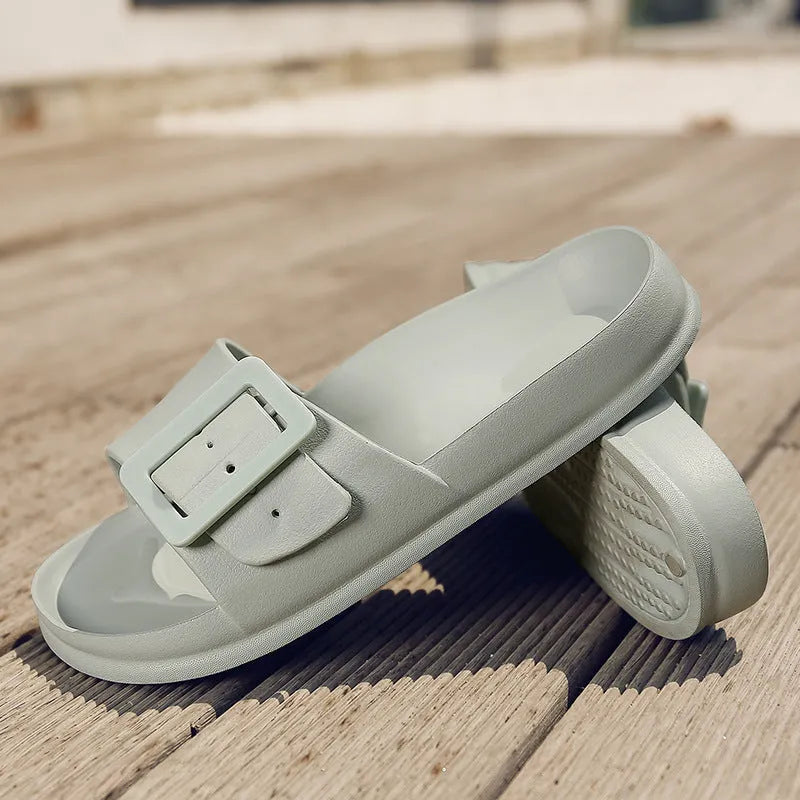 Women's buckle flip-flop slippers in multiple colours with soft EVA sole