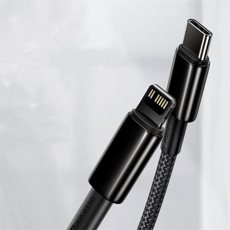 Baseus tungsten gold series PD 20W fast charging data cable, black zinc alloy and nylon braided, Type C to IP, 1m or 2m
