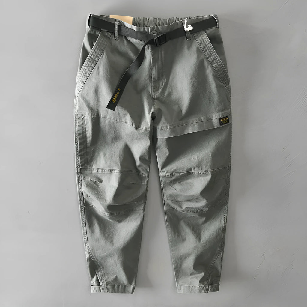 Men's casual Japanese overalls in cotton with elastic waist, shown in khaki colour