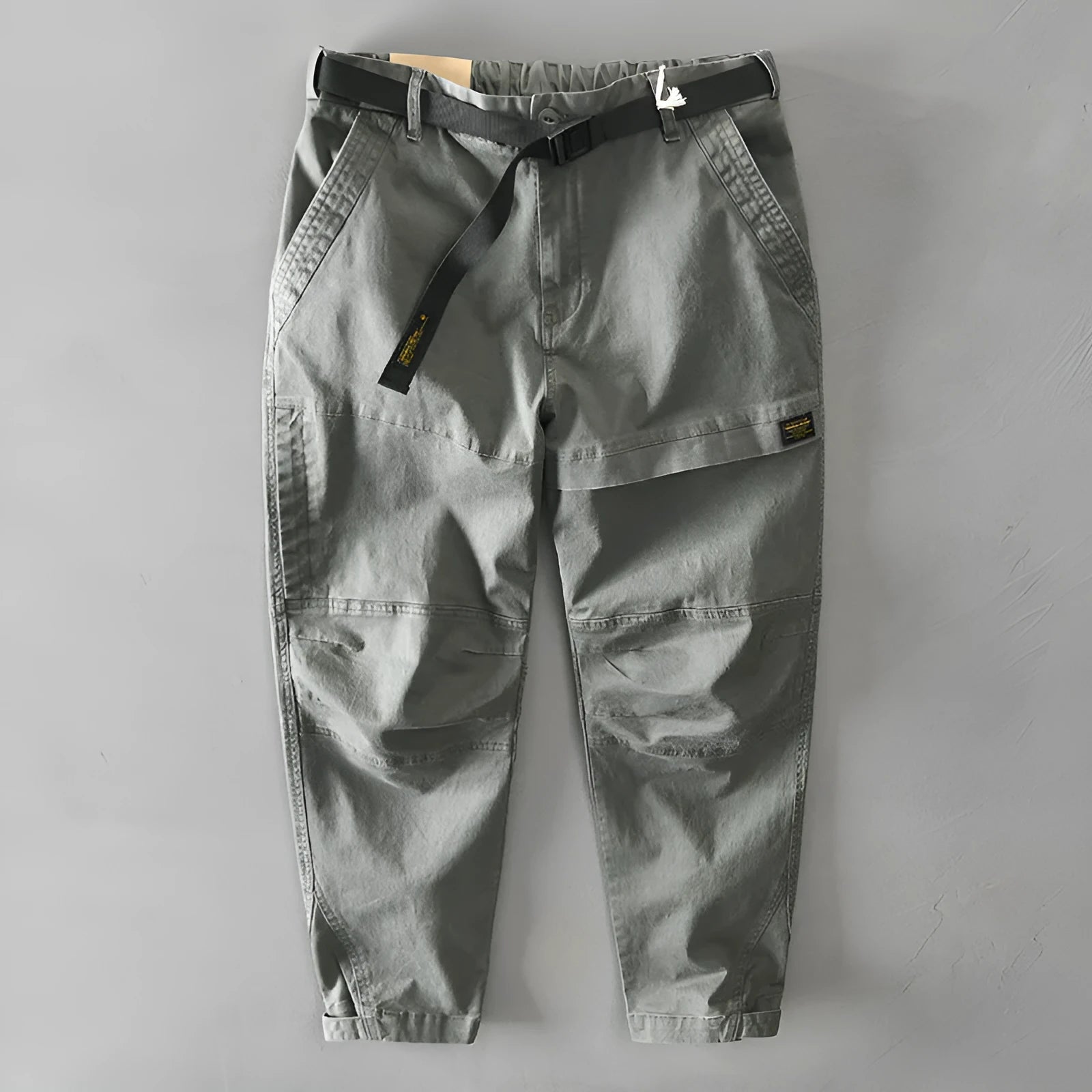 Men's casual Japanese overalls in cotton with elastic waist, shown in khaki colour