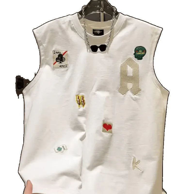 Men's white cotton sleeveless vest with cartoon chest print in loose fit