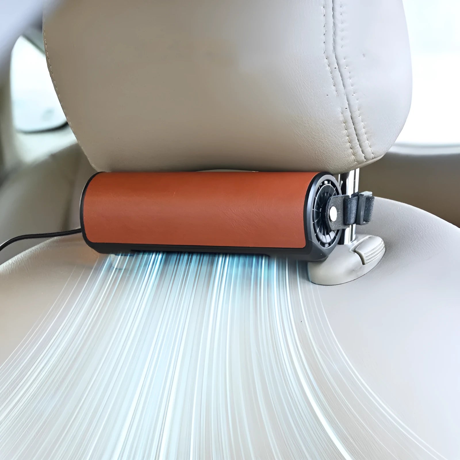 USB car rear seat fan with 1.5-metre cable in black, brown, or red colour options