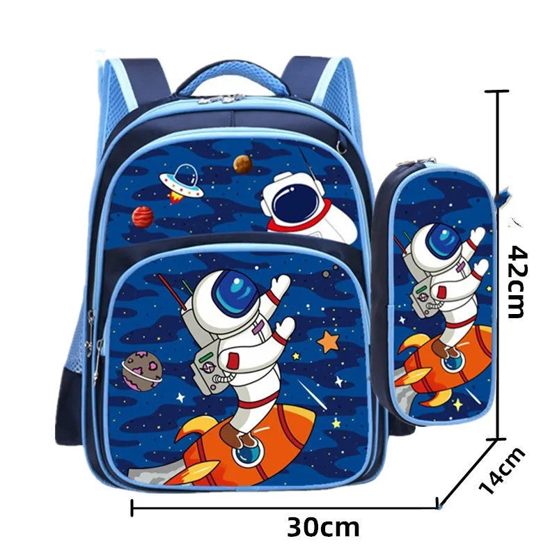 Blue children's cartoon print backpack with pencil case, shown from the side.