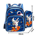 Blue children's cartoon print backpack with pencil case, shown from the side.