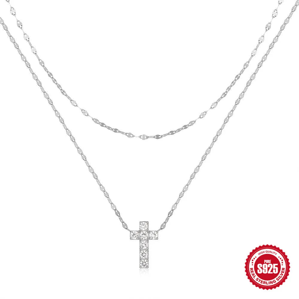 S925 sterling silver double layer twin diamond cross necklace on a clavicle chain.