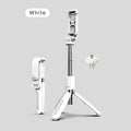 Black Bluetooth selfie stick extended with smartphone mounted, wireless remote control visible