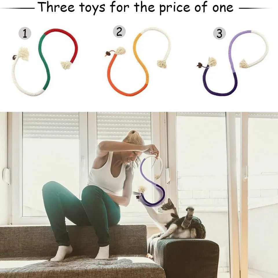 70 cm bite-resistant cotton rope cat toy in purple, orange, and green colour variations