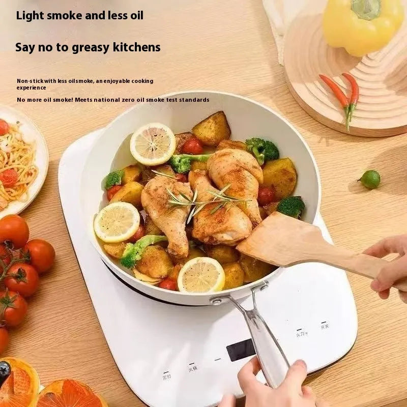 28cm non stick stir fry pan with refined iron body, ceramic glaze coating, and stainless steel glass lid