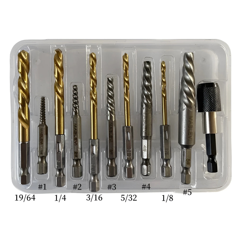 Silver 12-piece hexagonal handle screw extractor set on grey background