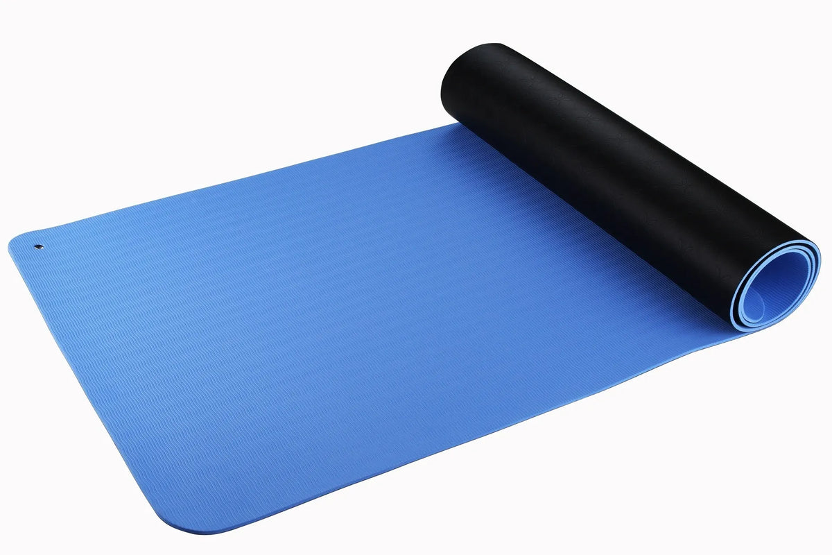 Blue floral pattern conductive yoga mat with grounding wire, showing non-slip PU surface