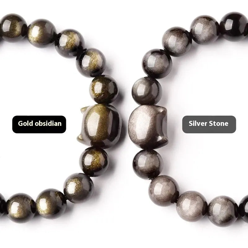 Natural obsidian cat head bracelet with polished round beads, silver style, 8mm size