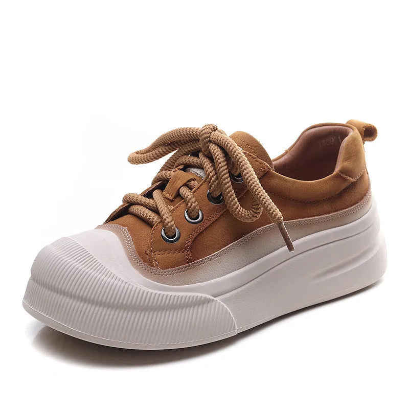 Women's brown leather lace-up casual shoes with round toe on white background
