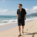 Linen blend short sleeve shirt and matching shorts set for casual summer wear.