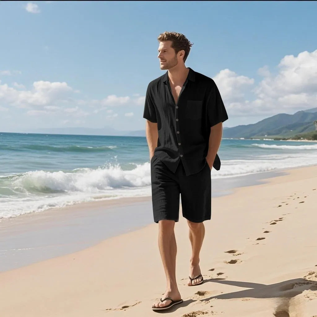 Linen blend short sleeve shirt and matching shorts set for casual summer wear.