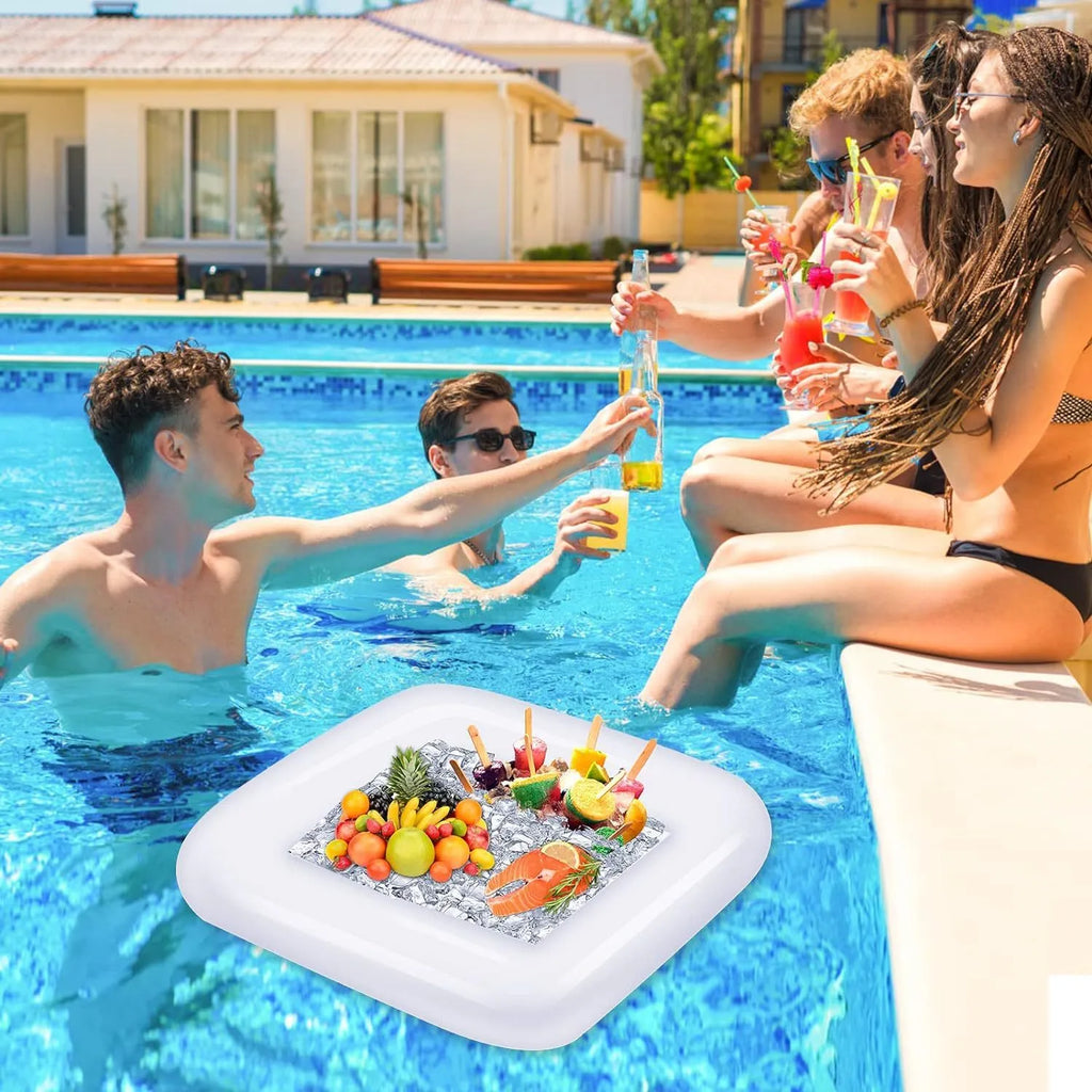 Yellow inflatable ice bar with cup holder and ice bucket for party drinks service.