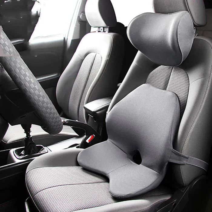Car seat memory foam waist cushion and headrest set in beige colour