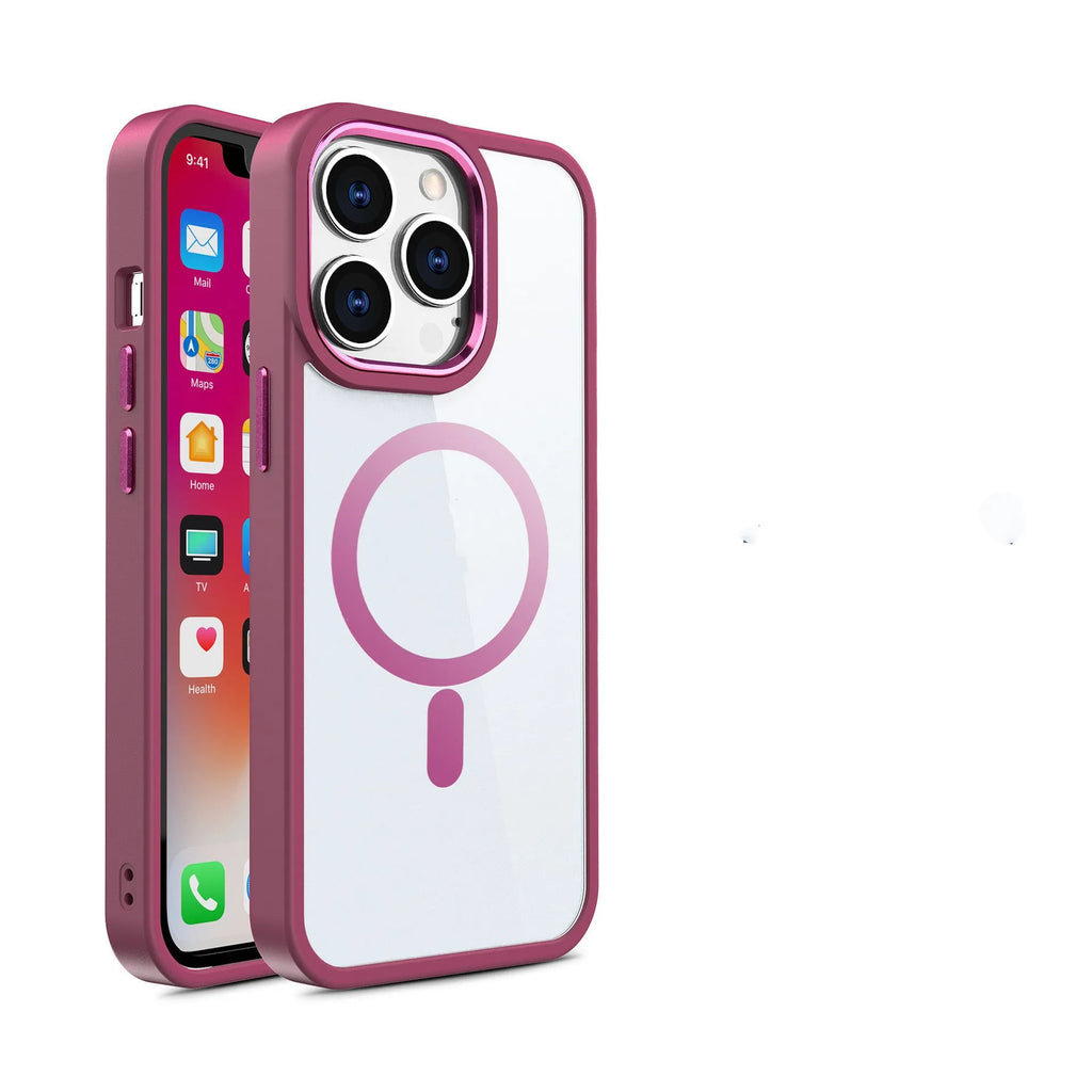 Magnetic transparent silicone phone case for iPhone with solid colour edges, shown in plum red.
