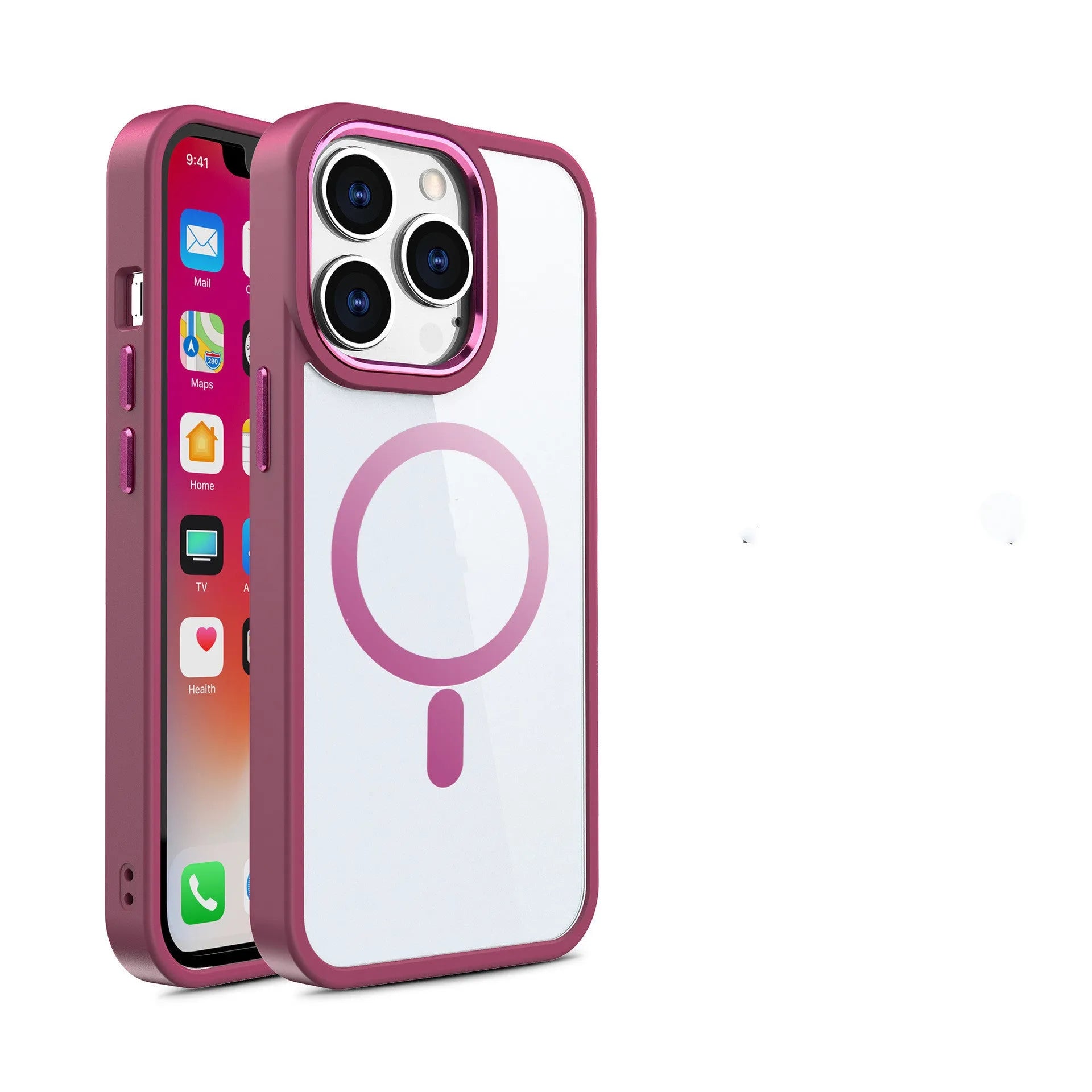 Magnetic transparent silicone phone case for iPhone with solid colour edges, shown in plum red.