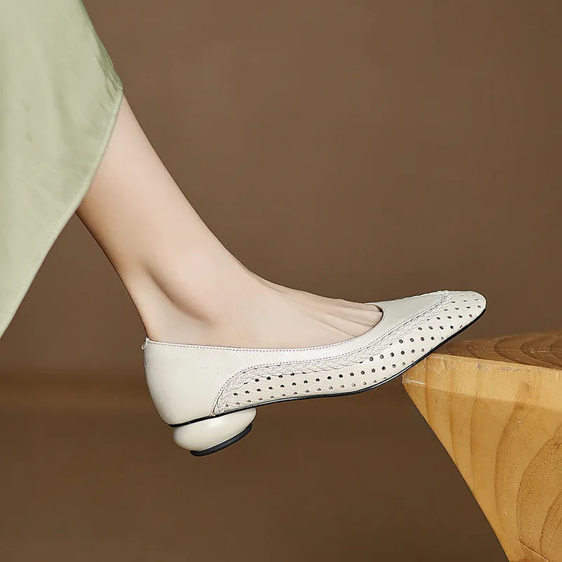 Women's shallow mouth hollow-out sandals with round toe, mid heel, sheepskin upper, beef tendon sole, sizes 34-41