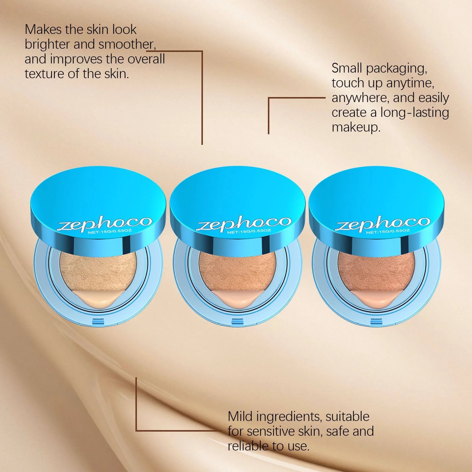 Matte concealer air cushion compact with puff in 15g size, three shade options