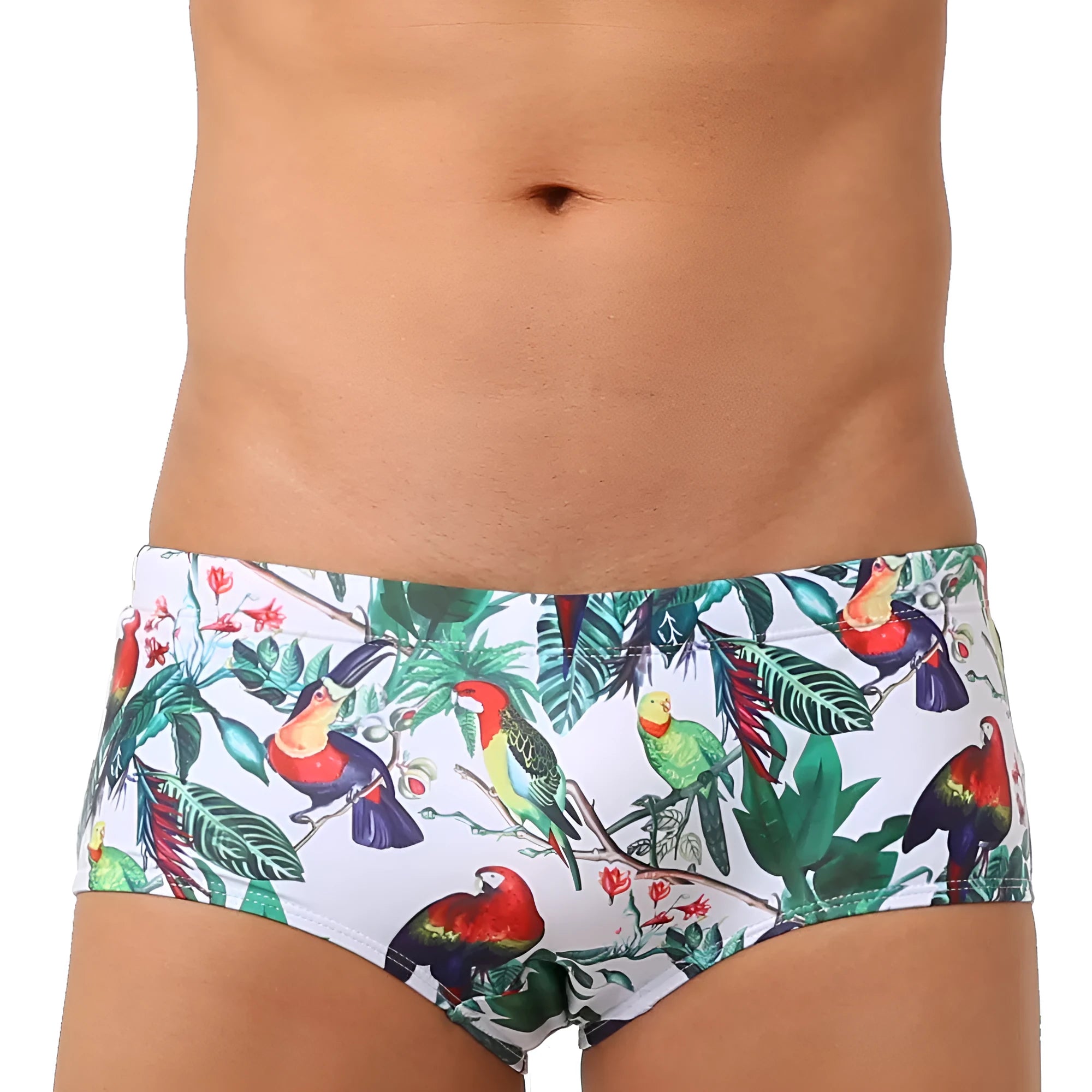 Men's navy blue swimming trunks with colourful flower and bird print pattern.