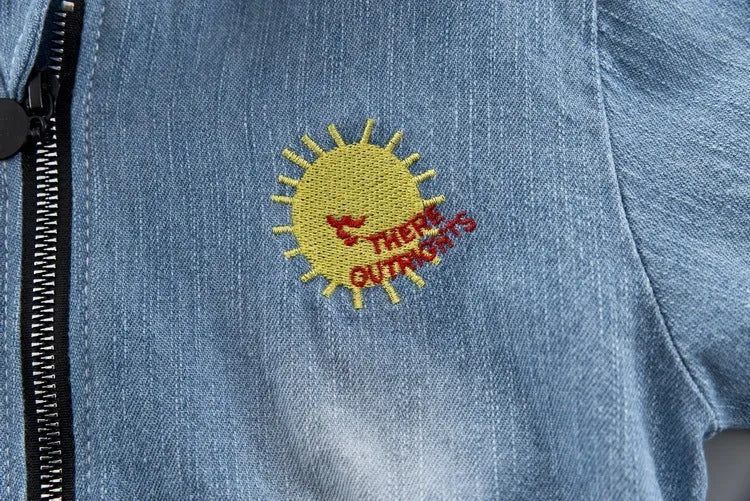 Denim three-piece children's cotton suit with zipper shirt top, coat, and pants for 80-110cm heights