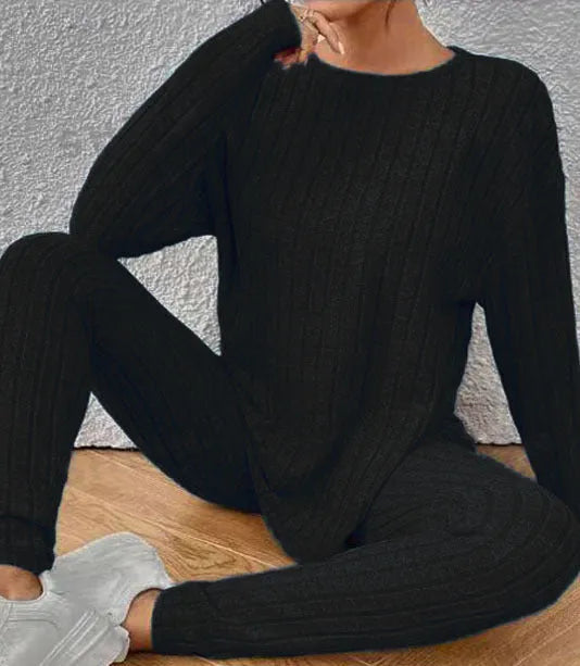 Women's black sunken stripe two-piece lounge set with regular sleeves and matching trousers