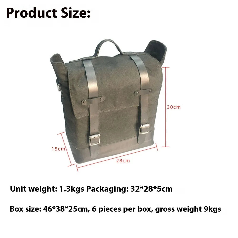 Waterproof canvas motorcycle side pannier pack with cowhide top layer in black colour