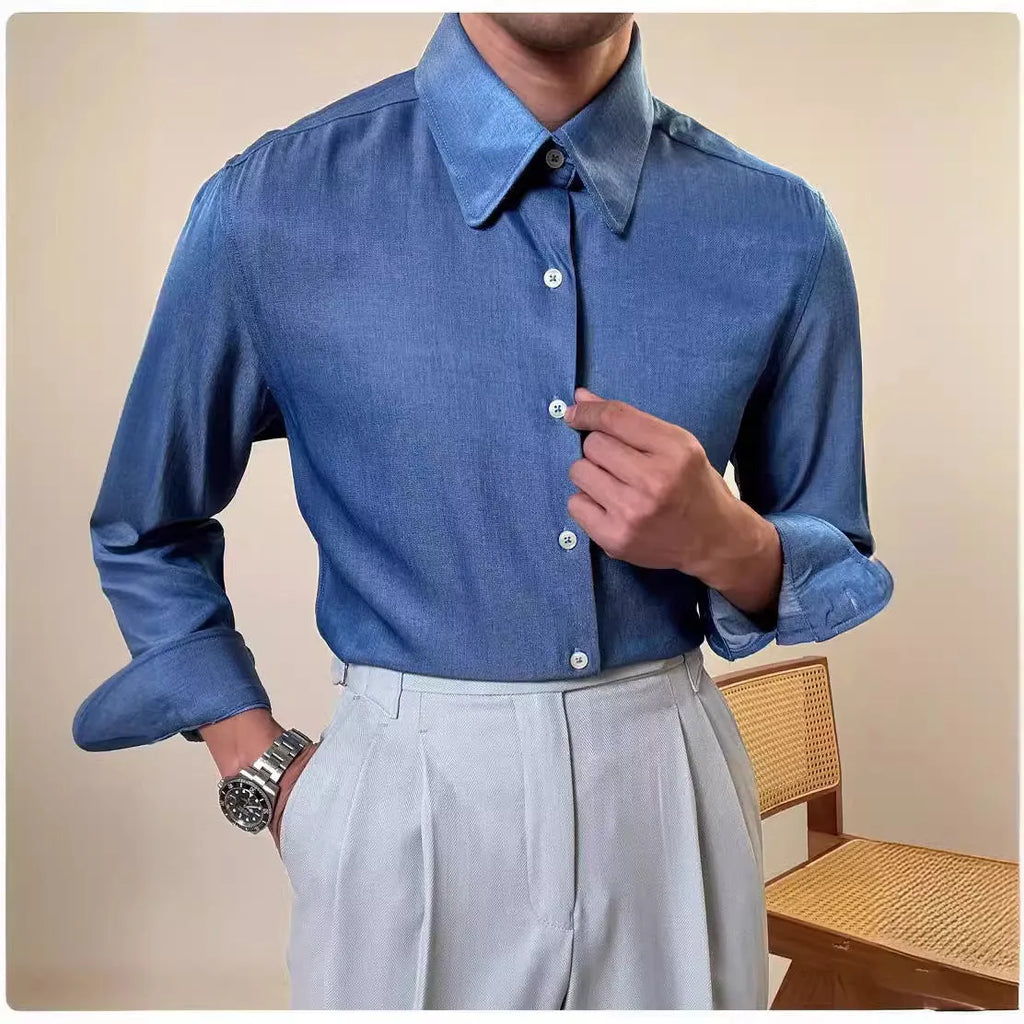 Men's dark blue slim fit round collar long sleeve shirt on hanger