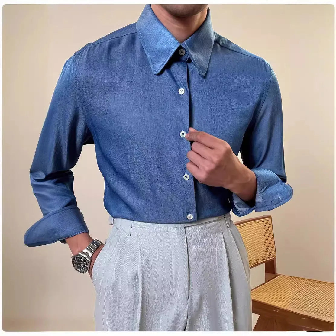 Men's dark blue slim fit round collar long sleeve shirt on hanger