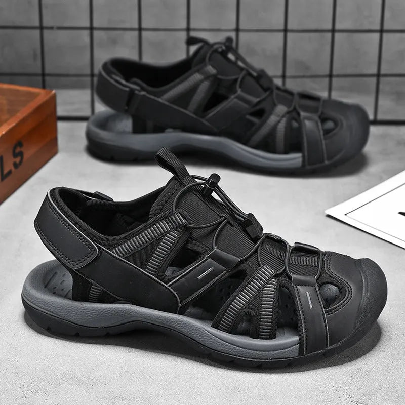 Men's blue and black casual sports shoes with mesh upper, rubber sole, and Velcro strap.