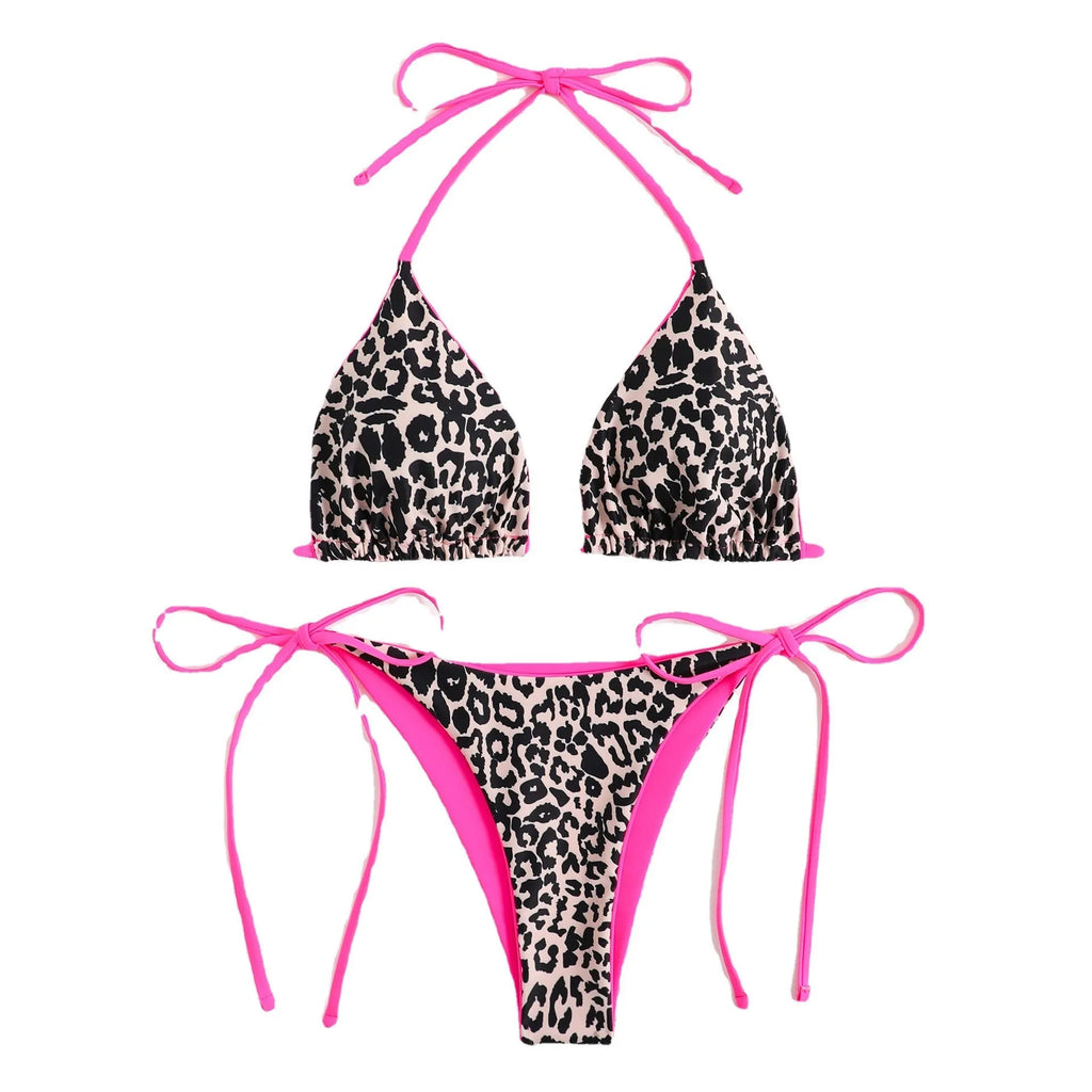 Women's lace-up triangle split bikini in polyester fabric showing front design with adjustable elements