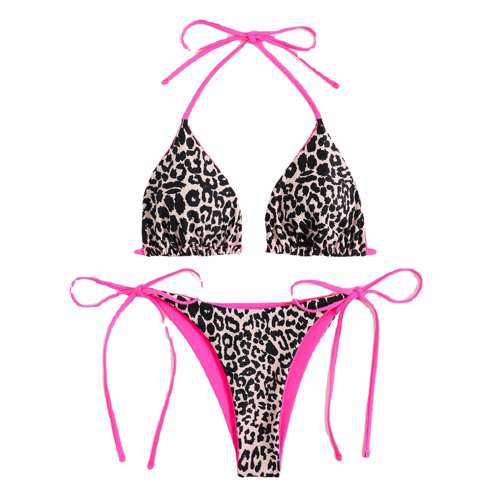 Women's lace-up triangle split bikini in polyester fabric showing front design with adjustable elements