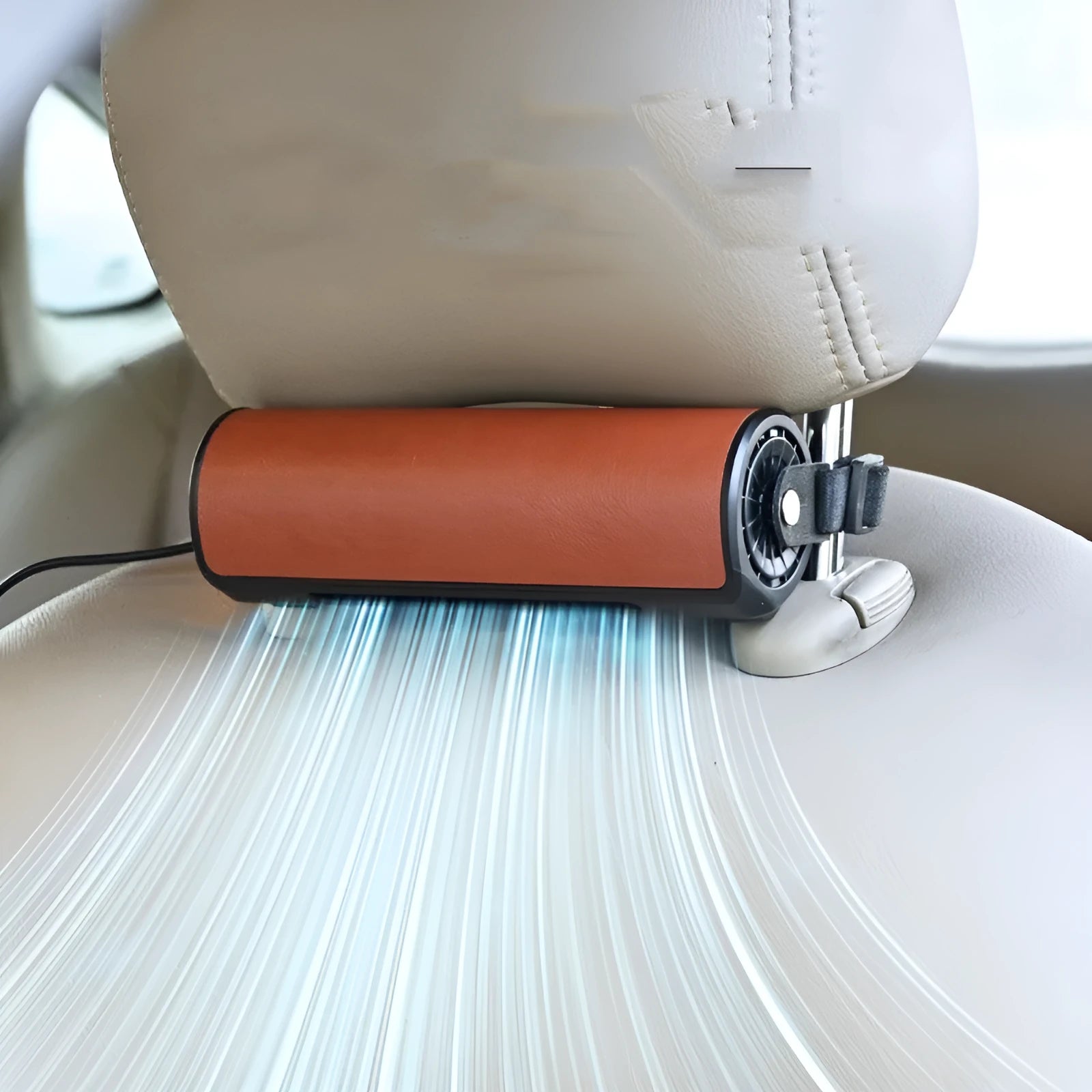 Bladeless car mounted fan with USB cable showing black, brown, and red colour options