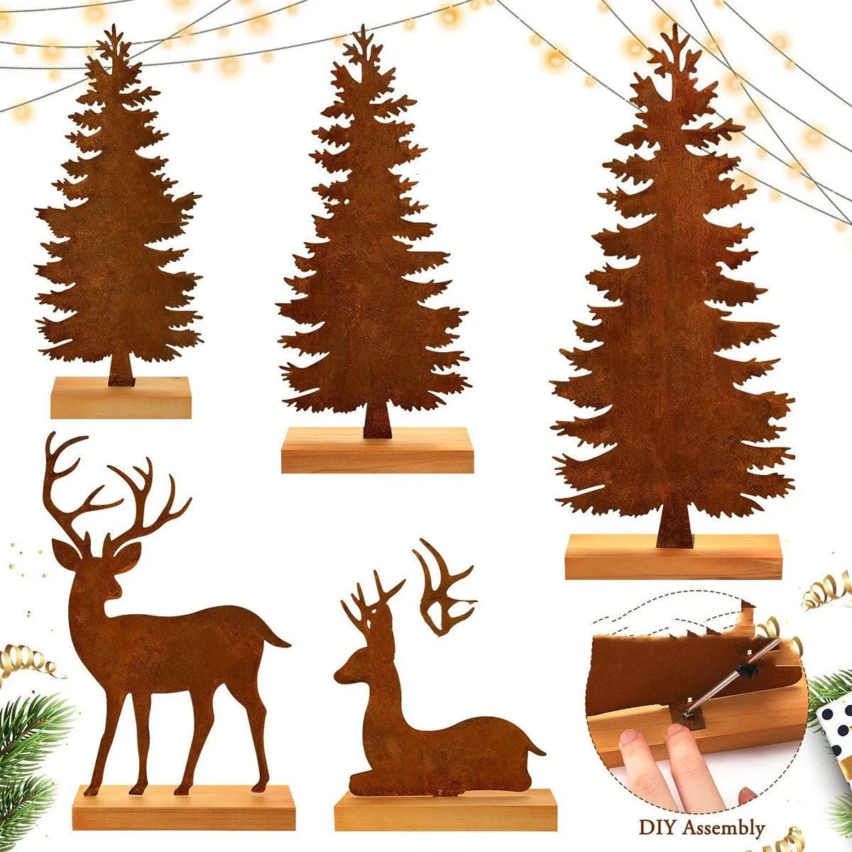 Set of three rustic metal Christmas tree ornaments with integrated elk designs, iron construction, antiqued finish.