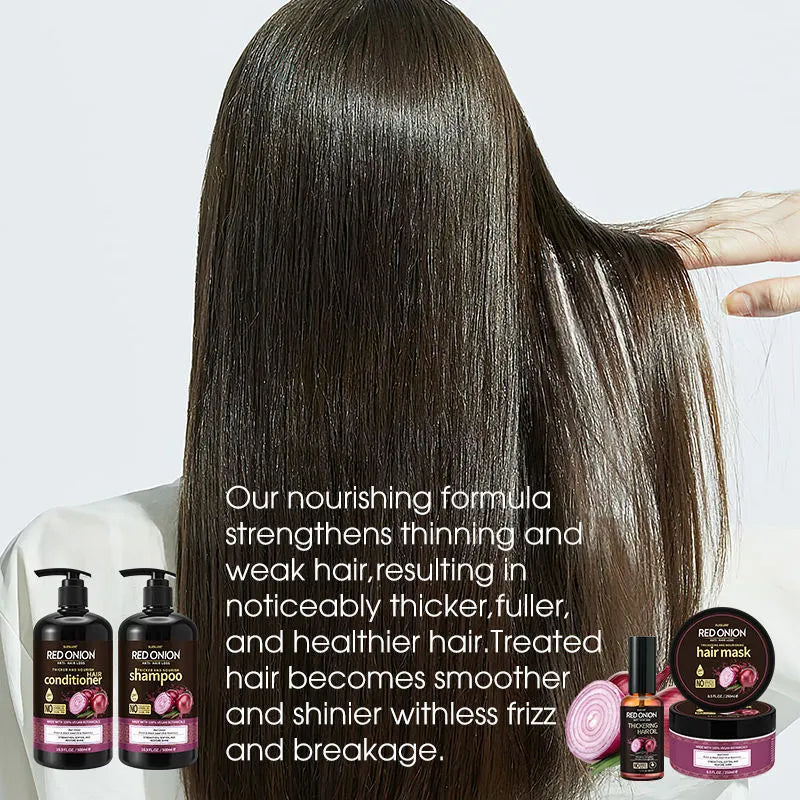 Red Onion Shampoo and Conditioner 4-piece hair care kit with shampoo, conditioner, mask and essential oil.