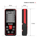 A handheld plastic laser rangefinder for measuring distances up to 120 metres.