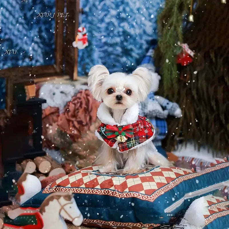 Festive pet scarf for cats and dogs with snowflake design and red background for Christmas and winter wear