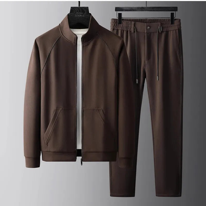 Men's stand collar slim fit casual sport suit in black with matching trousers