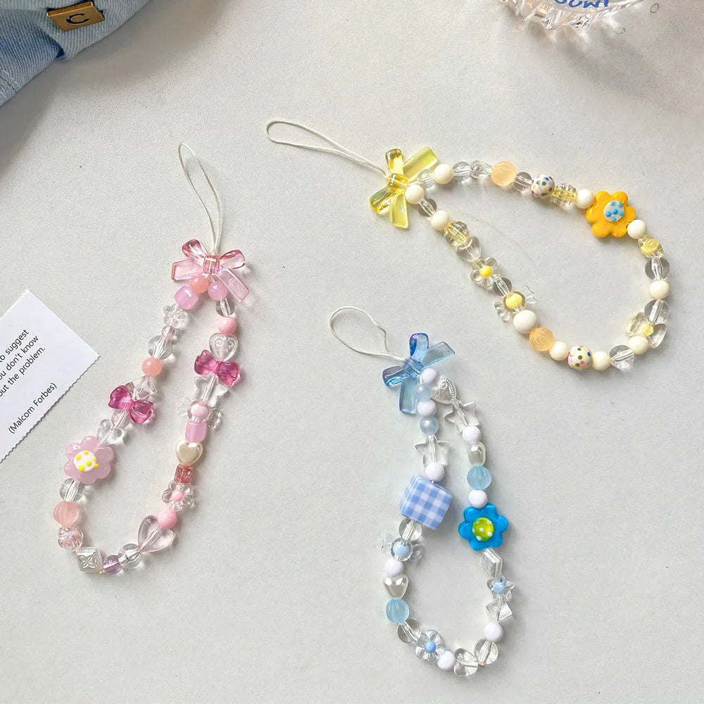 Colourful beaded flower phone lanyard with adjustable rope cord in blue, pink or yellow option