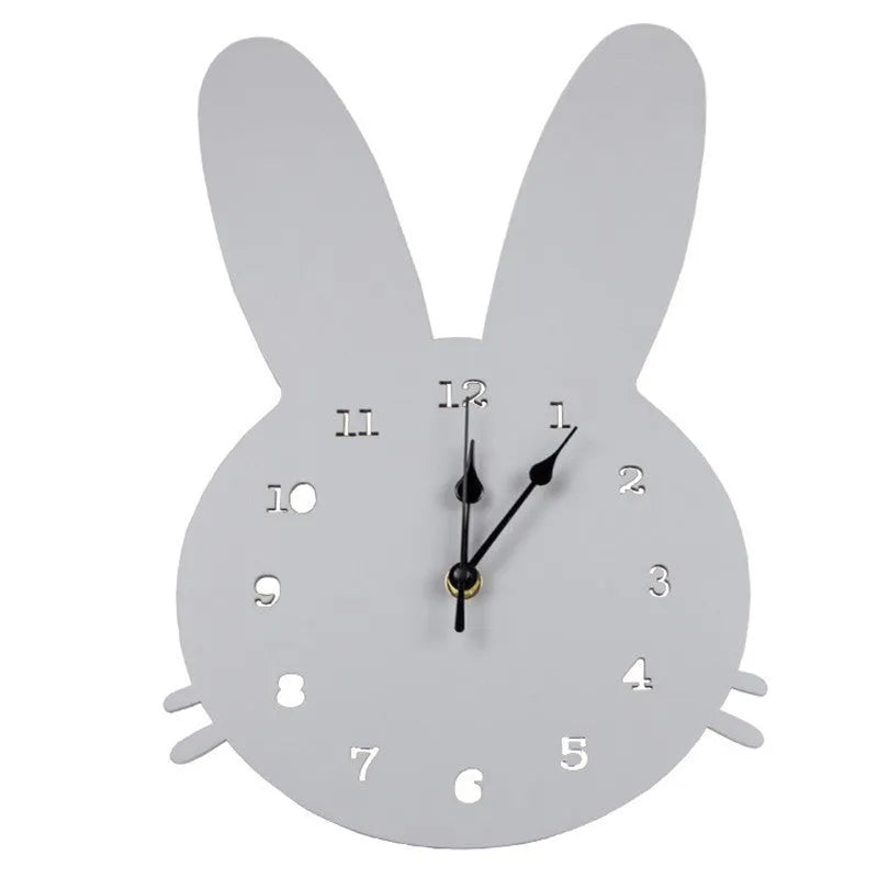Wooden cartoon wall clock with battery-powered quartz movement in playful animal and shape designs