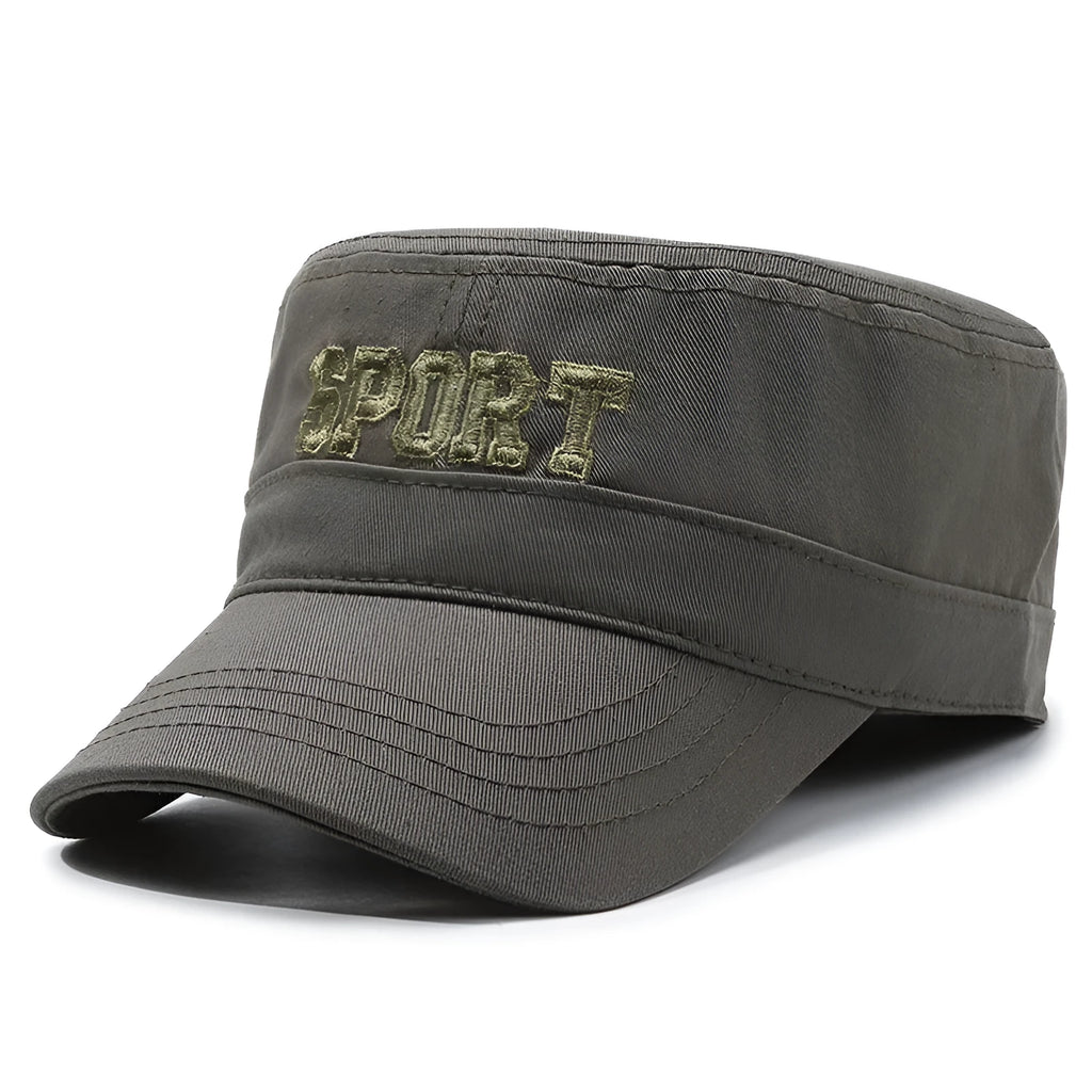 Men's cotton flat-top peaked cap in army green colour with adjustable sizing and dome crown