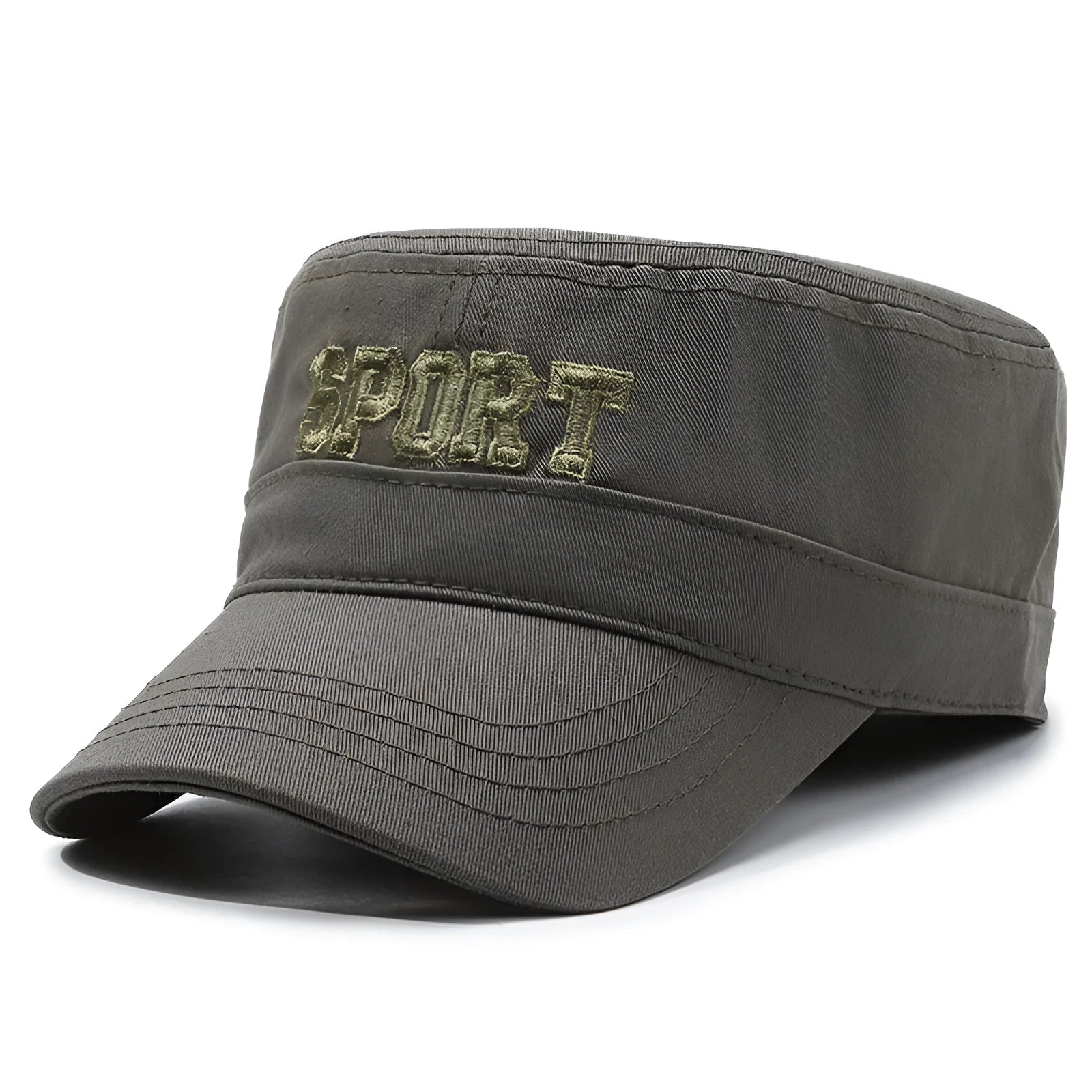 Men's cotton flat-top peaked cap in army green colour with adjustable sizing and dome crown