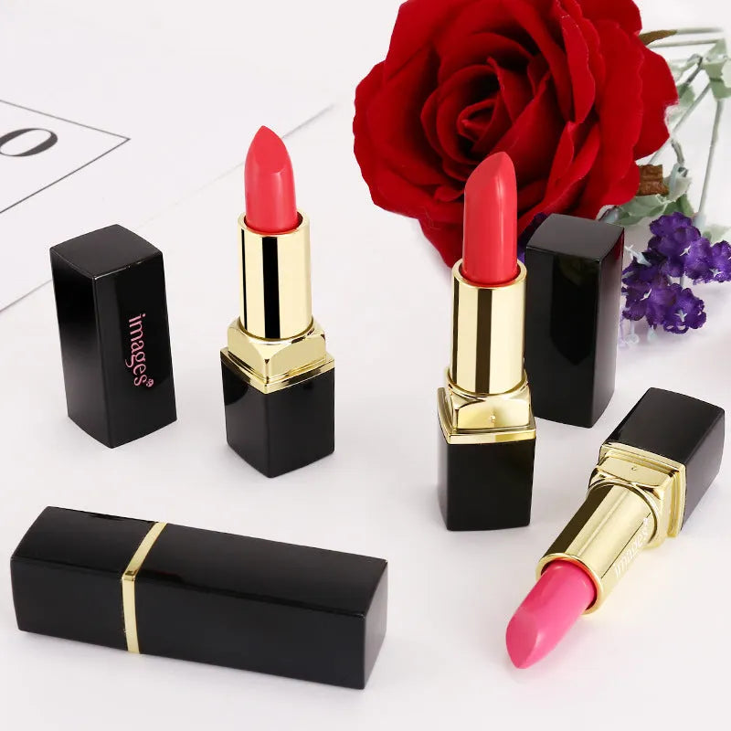 3.8g moisturising lipstick lip gloss in a compact case, available in 10 colours including Coral Red and Classic Red.