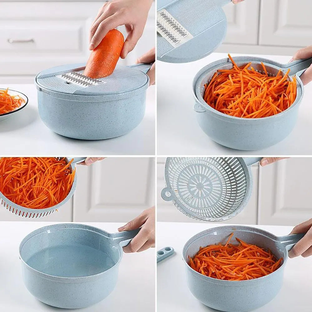 8 in 1 mandoline slicer with stainless steel blades, drain basket, container, and hand protector, blue or pink