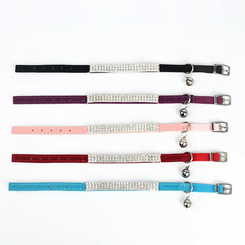 Suede cat collar with rhinestones in five colours, adjustable from 20cm to 30cm length