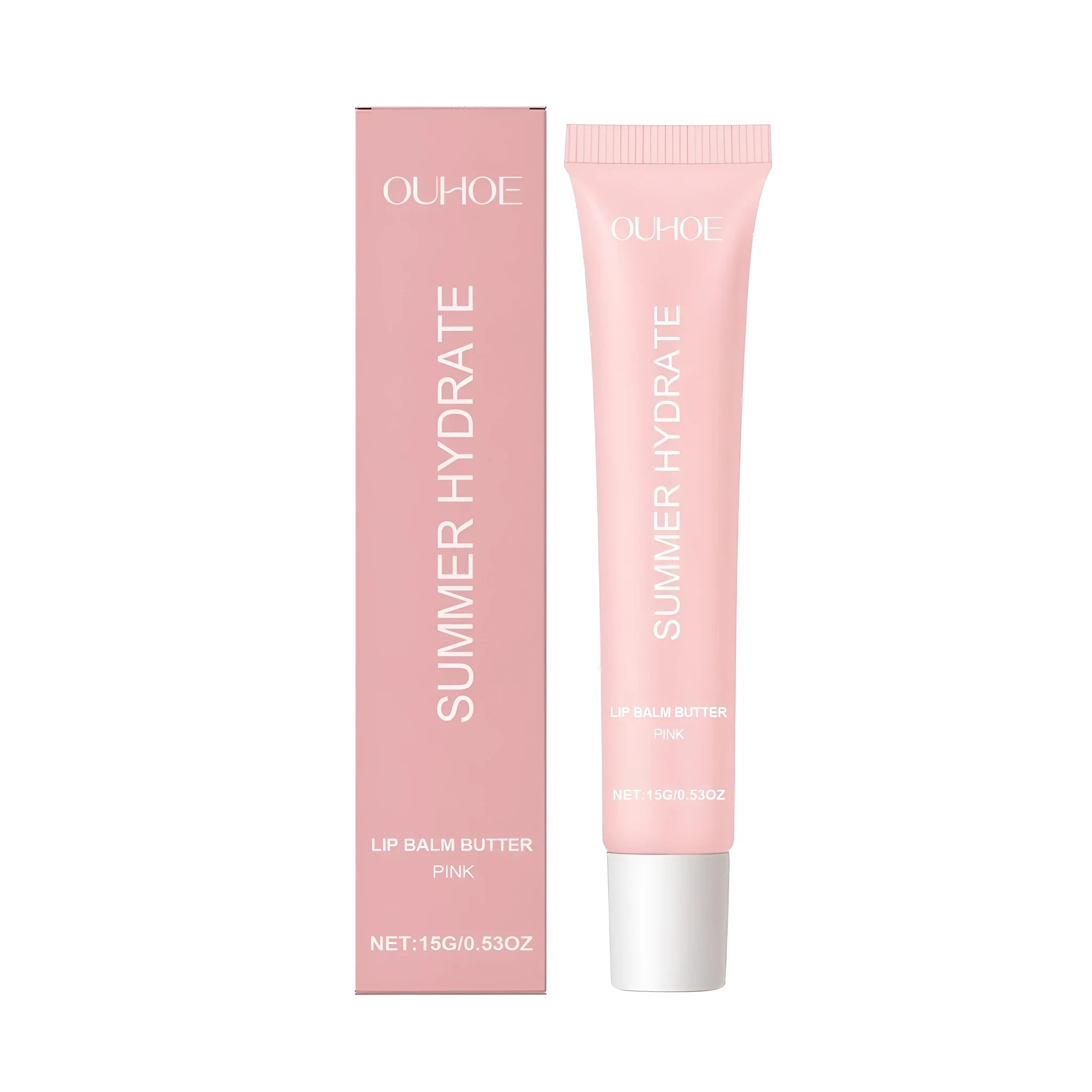 Pink tinted lip balm stick with shea butter and vitamin E for lip hydration