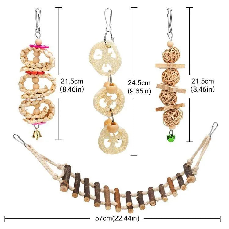 8-piece wooden parrot bite toy set with log, swing, ring, bell and string elements for small and medium birds