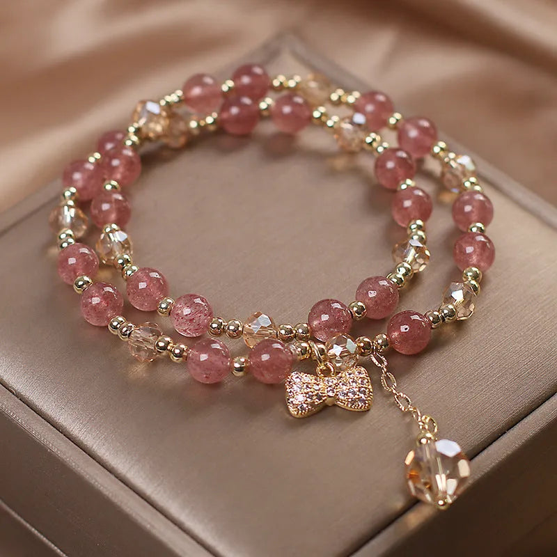 Women's strawberry quartz crystal double layer bracelet with lucky cat charm and red cat's eye flowers decoration